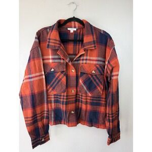BeachLunchLounge Orange Plaid Cropped Long Sleeved Flannel Button Up Size XL